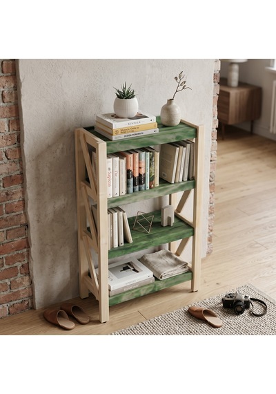 Mobenta Libra Frame: Masif Ahşap Kitaplık & Raflı Depolama 4 Raflı - Bz-ye Krem-yeşil