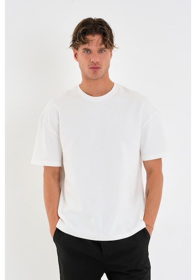 Blank Unisex Oversize Geniş Kesim Tişört %100 Pamuk Kalın Dokulu Bisiklet Yaka T-shirt Beyaz