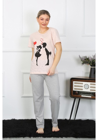 2k Moda Çizgi Kadın Kısa Kol Penye Pijama Takım 4207 001