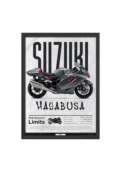 Suzuki Hayabusa Siyah Ahşap Çerçeveli Poster, Dekoratif Motosiklet Duvar Tablosu