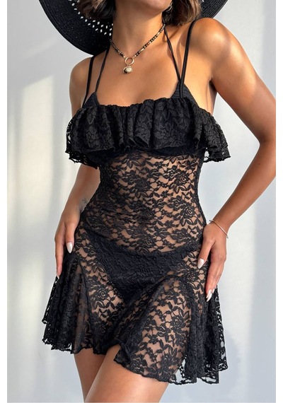 Neşeli Butik Kadın Siyah Askılı Dantel Pareo Nbdf074