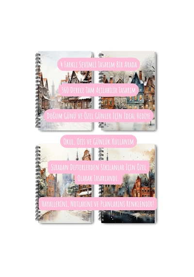 Giftkonsept Rustik Kış Şehirleri Tasarımlı Spiralli Defter Seti, 4'lü Paket, 100 Sayfa, Karton Kapaklı A5, Çizg Çok Renkli