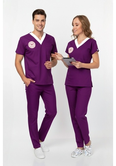 Unisex Byzantium Mor Sorumlu Ebe Scrubs Üniforma Takım Sağlık Bakanlığı Yeni Yönetmeliğe Uygun Mor