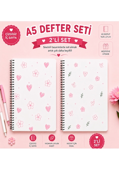 Zumio 2'li A5 Spiralli Defter Seti Çizgisiz İç Sayfa Çiçek Ve Kalp Tasarımlı 60 Yaprak Düz