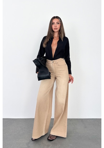 HLT Jeans Bej Kadın Wide Leg Jean %100 Pamuklu Yüksek Bel Palazzo Kot Pantolon Angel-2060