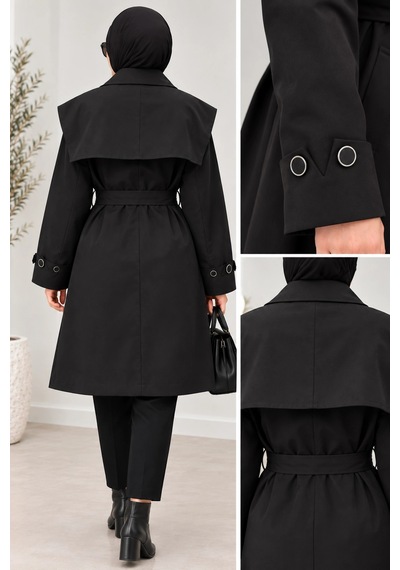 Nevayla Moda Kuşaklı Düğmeli Mevsimlik Trençkot - Siyah / M0118