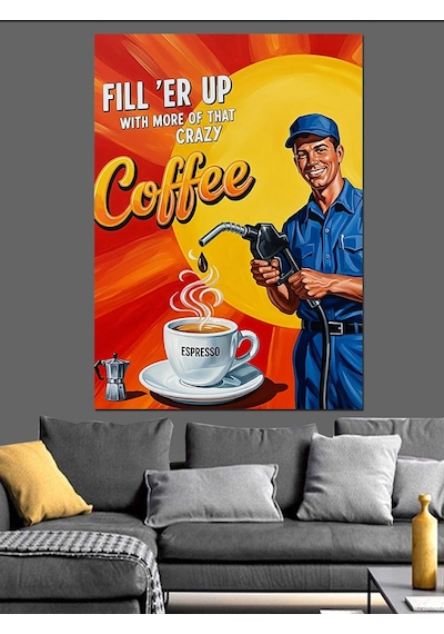 Retro Benzinci Kahve Posteri Dekoratif Kanvas - Mdf Ahşap Tablo