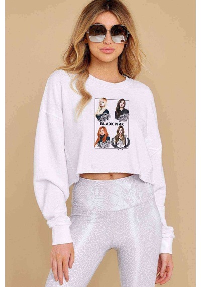 Kpop Blackpink Black Pink Baskılı Crop Kadın Beyaz Sweatshirt