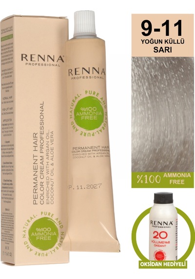 Renna Bitkisel Amonyaksız Saç Boyası 60 Ml 9-11 Yoğun Küllü Sarı Oksidan Hediyeli