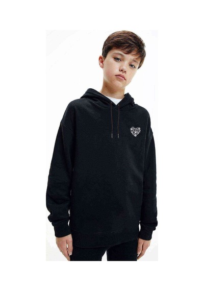 Tshirthane Kalp Baskılı Unisex Çocuk Kapüşonlu Siyah Sweatshirt Siyah
