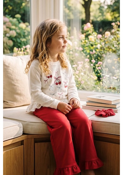 Zuzunga Kız Çocuk Cherry Fiyonk Desenli Fırfırlı Pijama Takımı Toka Hediyeli Kırmızı