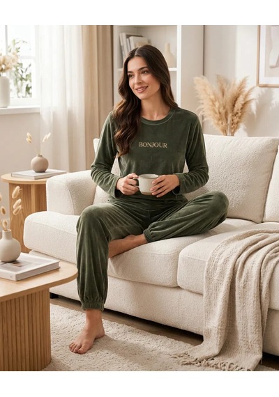 Kadın Haki Kadife Pijama Takımı