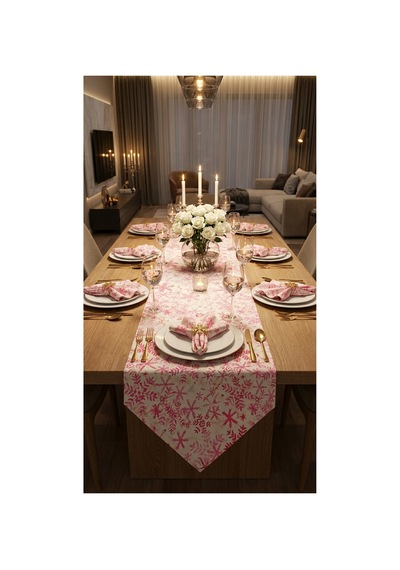 %100 Pamuk Simli Kumaş Pembe Desenli Üçgen Runner 40x110 Pembe - 890395106 Pembe