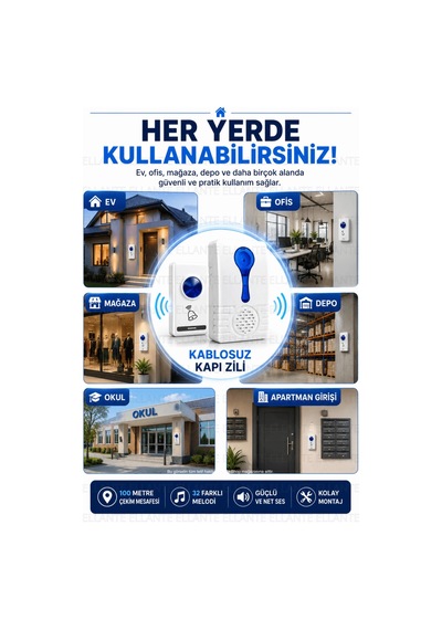 Kablosuz Kapı Zili 100 Metre Çekim Mesafeli 32 Melodili Priz Tipi Ev Ofis İşyeri Kapı Zili
