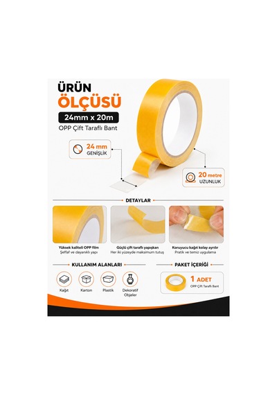 24 Mm X 20 M Opp Çift Taraflı Bant Güçlü Yapışkanlı Şeffaf Montaj Ve Hobi Bandı