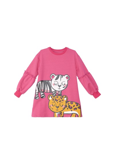 Denokids Kız Çocuk Kışlık Leopar ve Zebra Desenli Pamuklu Pembe Uzun Kollu Elbise 3-9 Yaş