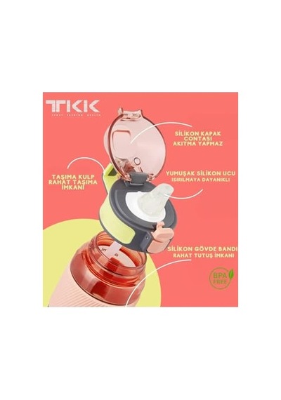 Tkk 800ml Pipetli Taşıma Kulplu Silikon Gövde Ölçü Skalalı Tritan Su Matarası Pembe 0