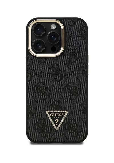 Apple Uyumlu iPhone 15 Pro Max Kılıf Guess Lisanslı Üçgen Logo 4g Desenli Kamera Standlı Kapak Siyah