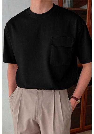 Tarz Cool Erkek Cepli Basic Tişört Oversize Modern Kesim Günlük Şık Stil Siyah
