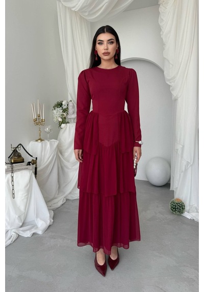 Nils Butik Korse Detaylı Midi Abiye Elbise Bordo