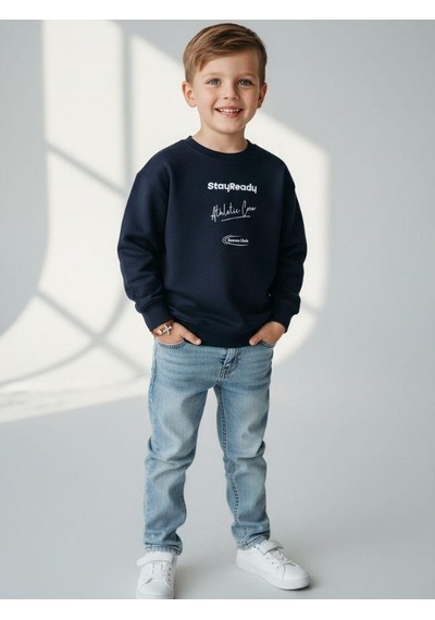 Zekids Erkek Çocuk Pamuklu Stay Yazılı İnce Uzun Kollu Sweatshirt-16334 Lacivert