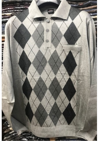 Nacar Store Erkek Desenli Polo Yaka Ince Yün Triko Düğmeli Baba Kazak Gri
