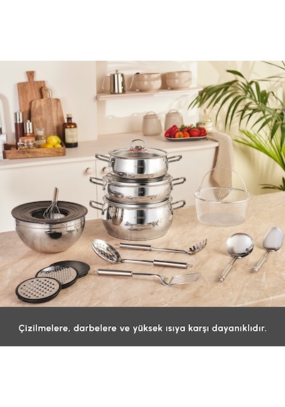 Emsan Karıştır-pişir-sakla 18 Parça Karıştırma Kabı Ve Servis Gereçli Çelik Tencere Seti Gümüş