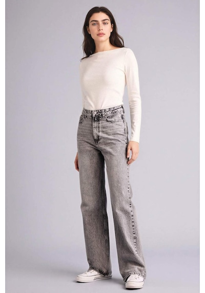 Defacto Straight Fit Yüksek Bel Uzun Jean Yıkamalı Pantolon G3543ax25cwnm55 Gri