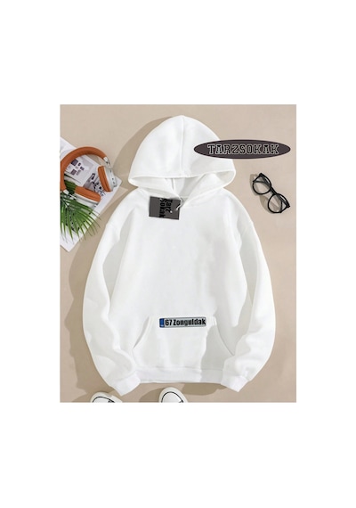 Tarzsokak Kapşonlu Sweatshirt Beyaz 67 Zonguldak Özel Tasarım Plaka Detaylı