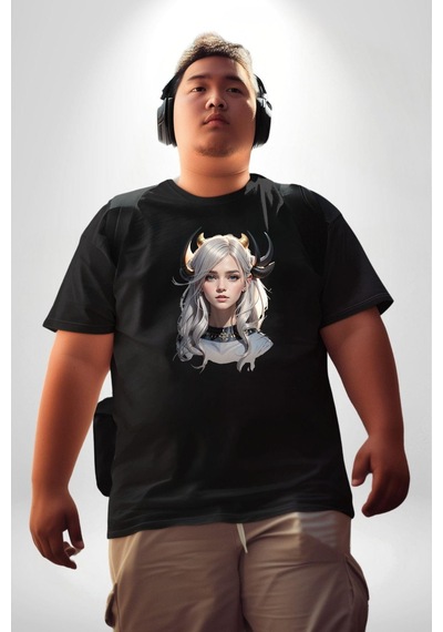 Angemiel Koç Erkek Kadın Unisex Savaşcı Siyah Büyük Beden Erkek Kadın Unisex Basic Ön Baskılı Tişört Siyah