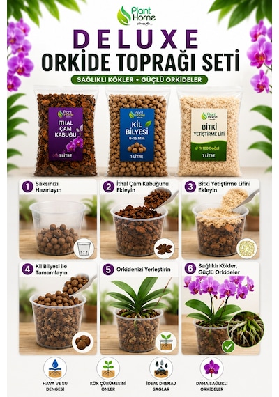 Deluxe Orkide Toprağı Seti 3'lü Set 1 Litre İthal Çam Kabuğu + 1 Litre Kil Bilyesi 8-16 Mm + 1 Litre Bitki Yetiştirme Lifi Premium Orkide Dikim Ve Saksı Değişim Seti Diğer