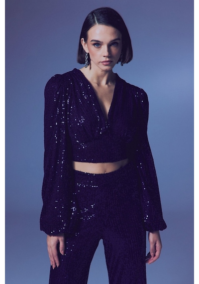 Sateen Kruvaze Payetli Crop Bluz - Lacivert-135344 Lacivert