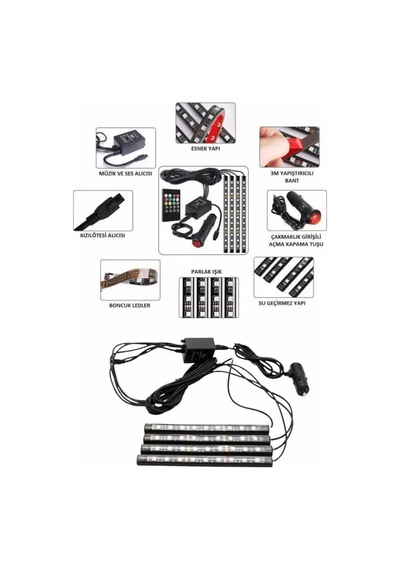 Araç İçi Ayak Altı Rgb Led Ambiyans Seti Müzik Sensörlü Kumandalı 4 Lü Şerit 12v Çakmak Girişli