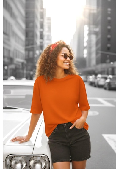 Mily Kadın Oversize Basic Bisiklet Yaka Pamuklu T-shirt Rahat Kesim Unisex Sevgili Kombini Turuncu Mily Kadın Oversize Basic Bisiklet Yaka Pamuklu T-shirt Rahat Kesim Unisex Sevgili Kombini Turuncu