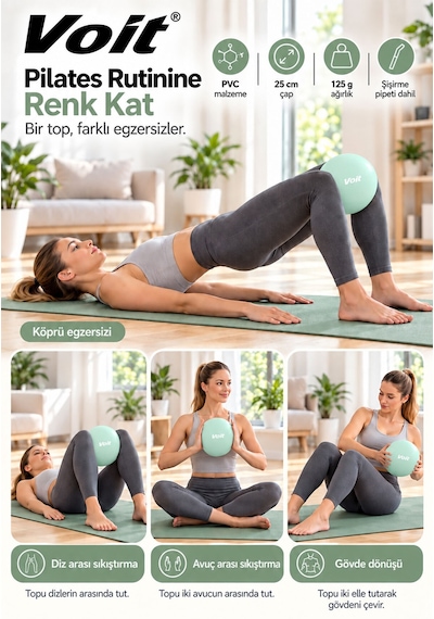 25 cm Mini Pilates Topu Yoga Fitness Egzersiz ve Denge Topu Şişirme Pipeti Dahil Turkuaz