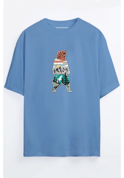 Orman Ayı Baskılı Unisex Siyah - Beyaz - Turuncu - Bej Oversize T-shirt Mavi