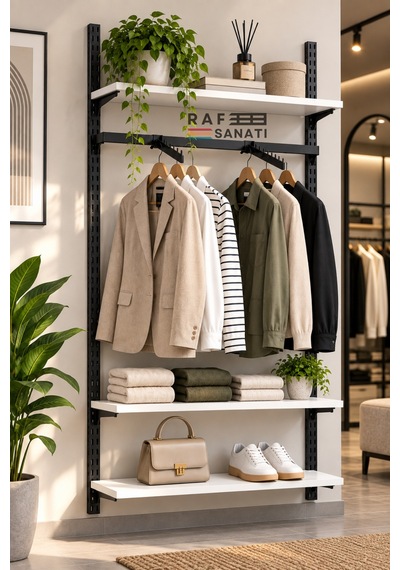 90 Cm Duvar Raf Askılık Sistemi 3 Raflı 200 Cm Konik Dikme Hazır Set Beyaz