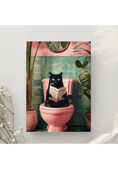 "tuvalette Gazete Okuyan Siyah Kedi Duvar Posteri Eğlenceli Dekoratif Tasarım-çerçevesiz