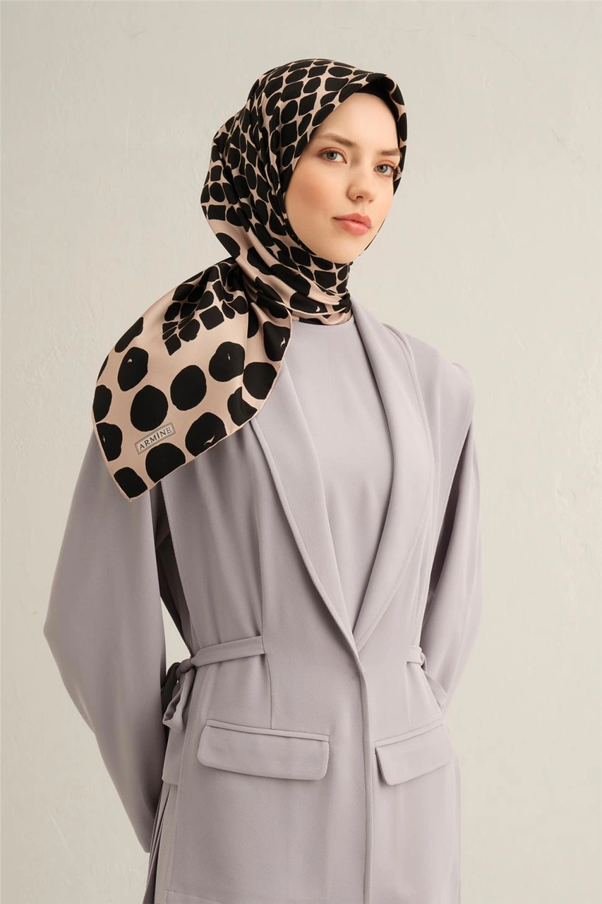 Armine Geometrik Desenli Saf İpek Twill Eşarp 9354d 86 Vizon