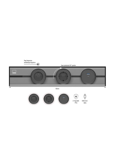 Eae E-flux Raylı Priz, 2 Şebeke, 1 Usb Type A+c 20w Gri Efg500