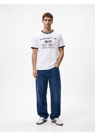 LTB Varsity Baskılı Biye Detaylı Relaxed Fit Beyaz T-shırt