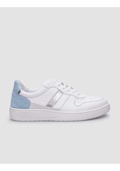 %100 Hakiki Deri Beyaz - Mavi Bağcıklı Kadın Sneaker-beyaz Beyaz