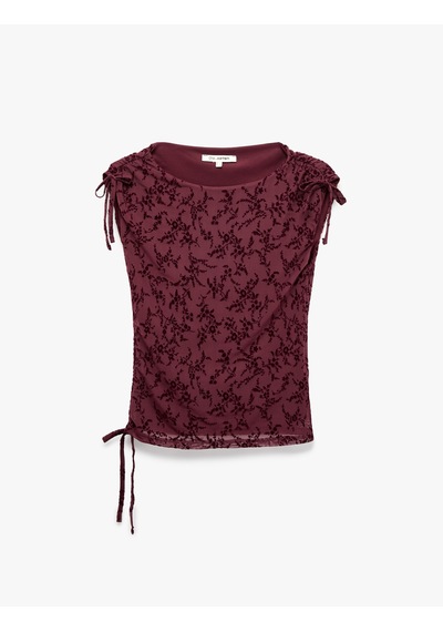Koton Slim Fit Büzgülü Kayık Yaka Kolsuz Dantel İşlemeli Tül Bluz Bordo Desenli 7wal30011ık Koton Slim Fit Büzgülü Kayık Yaka Kolsuz Dantel İşlemeli Tül Bluz Bordo Desenli 7wal30011ık