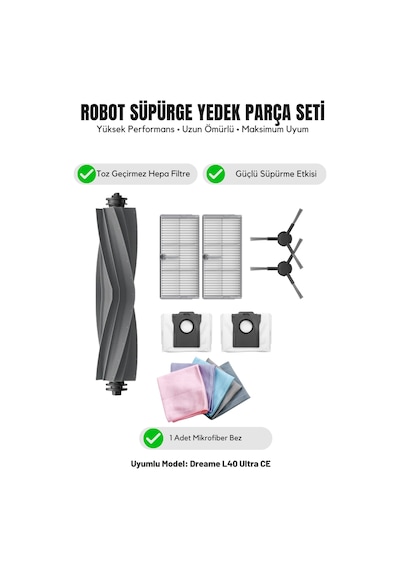 Dreame L40 Ultra Ce İle Uyumlu 1 Ana Fırça 2 Yan Fırça 2 Filtre 2 Toz Torbası 1 Temizlik Bezi 15.0