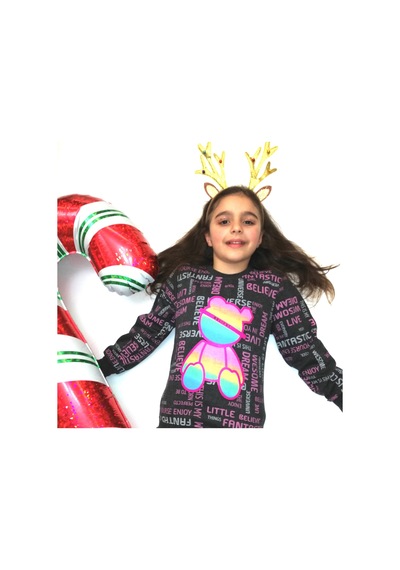 Milenawear By Milena Kız Melajlı Yazı Baskılı Bisiklet Yaka Kız Sweatshirt Siyah
