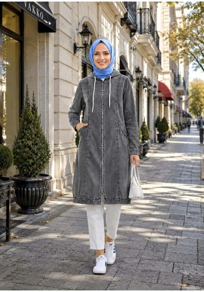 Hb Harma Time Butik Kadın Kapüşonlu Cepli Fermuarlı Gri Kot Kap Gri Gri
