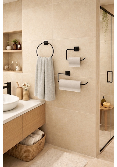 Alper Banyo Jasmin Kare Siyah Yapışkanlı 3'lü Set - Yuvarlak Havluluk Solo Havluluk Kağıtlık Siyah