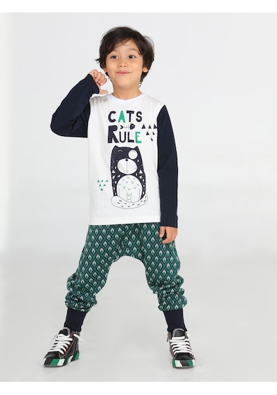 Casabony Cats Rule Erkek Çocuk Pantolon + T-Shirt Takım-Indigo - Beyaz İndigo - Beyaz