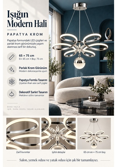 Papatya Büyük Modern Ledli Avize 3 Renk Power Ledli Krom Kaplama Yatak Odası Salon Mutfak