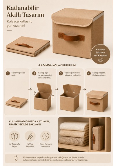 2li Kapaklı Jüt Organizer Kutu Seti 20x20x20 Cm Katlanabilir Düzenleme Kutusu Organizer Seti Dolap, Raf Ve Banyo Düzeni İçin Doğal